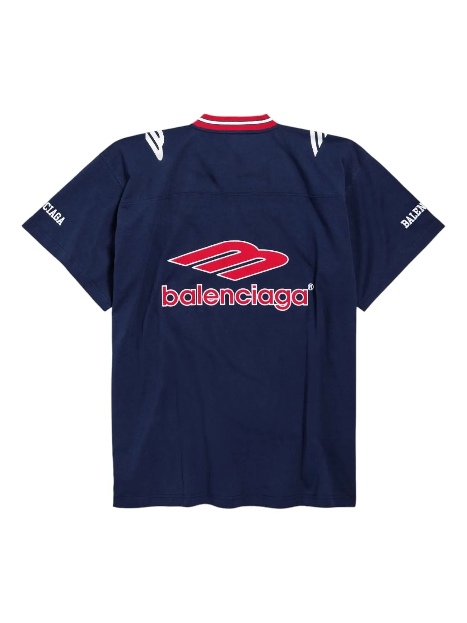 Футболка Balenciaga 3B Football с V-образным вырезом, оверсайз, темно-синий с красными элементами — изображение 2 из 2