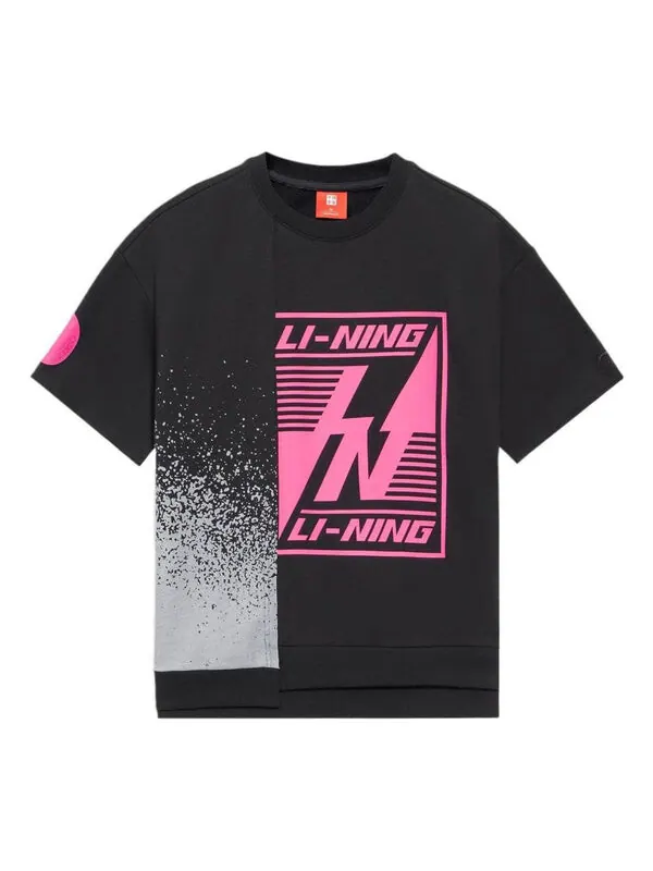 Футболка с принтом, свободные, с круглым вырезом, с коротким рукавом Li-Ning — изображение 1 из 2, черный/розовый/белый