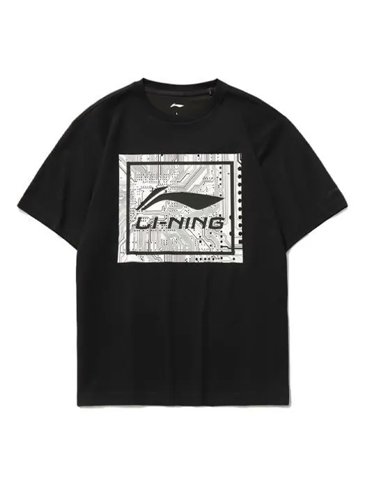 Футболка с большим графическим принтом, свободная футболка Li-Ning — изображение 1 из 2, черный/белый