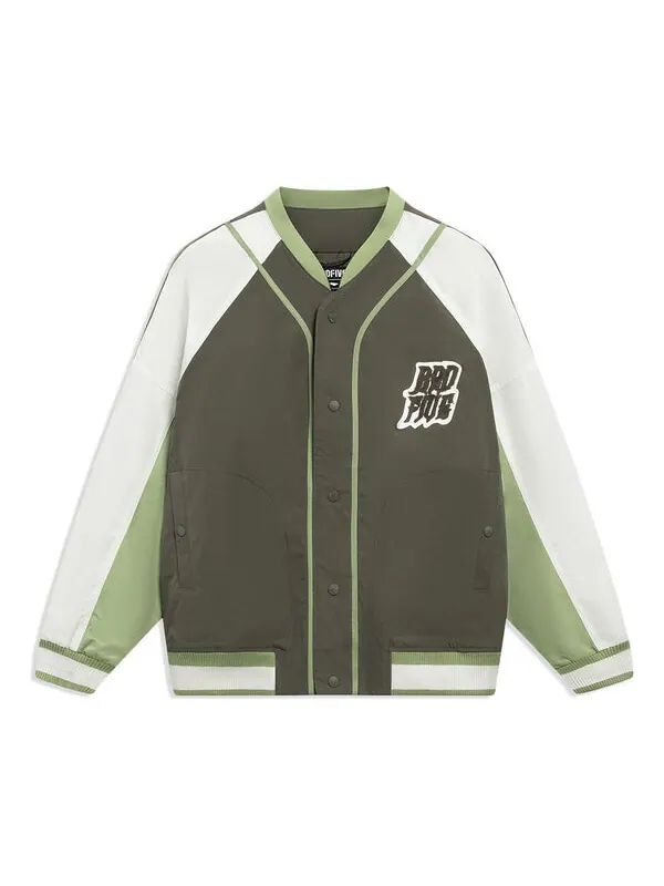 Куртка badfive graphic cotton baseball jacket 'olive white' Li-Ning — изображение 1 из 2, оливковый зеленый/белый