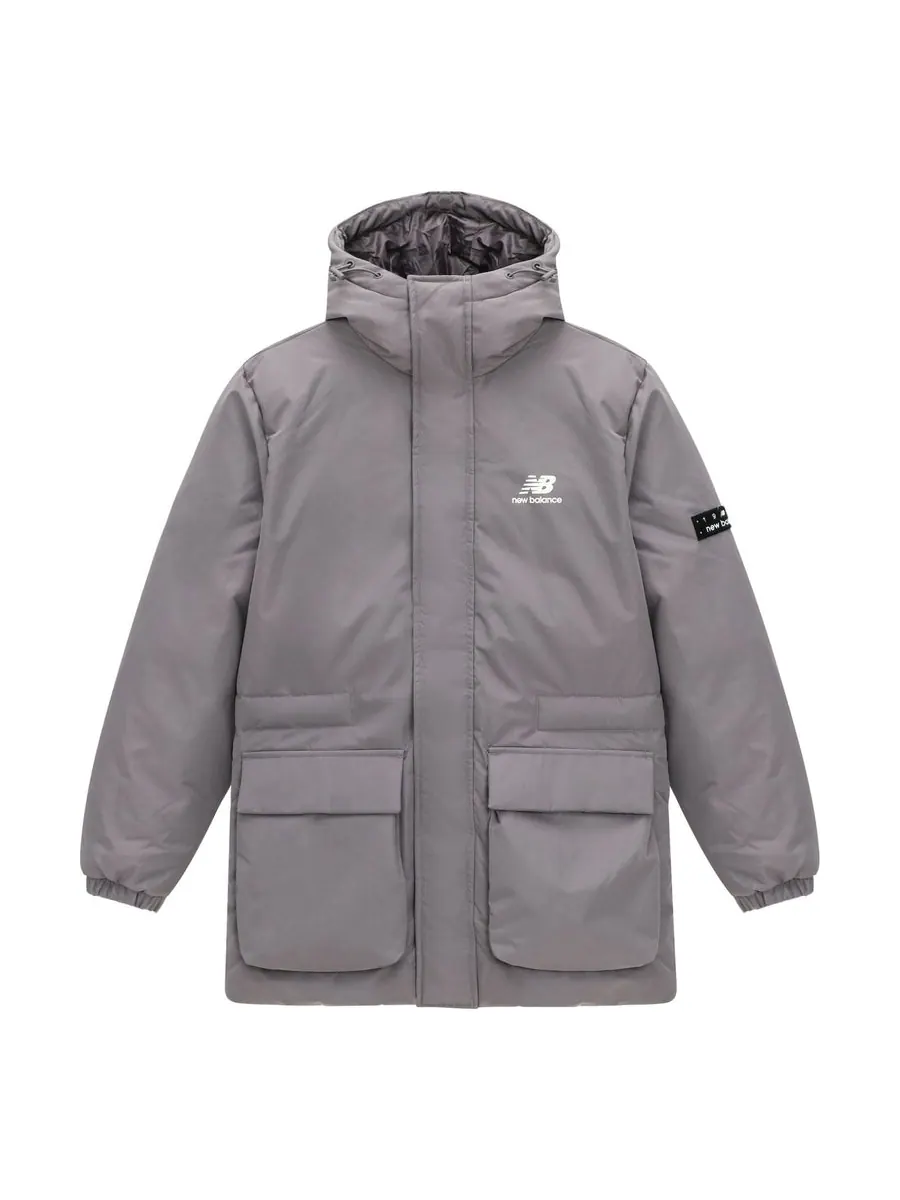 Куртка New Balance Windproof Long Down Jacket 'Grey' — изображение 2 из 4, серый
