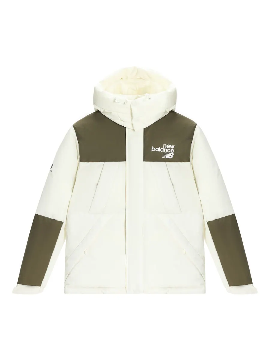 Куртка New Balance Windproof Hooded Down Jacket 'White Olive Green' — изображение 1 из 2, белый