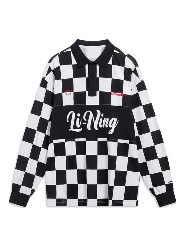 Рубашка поло с длинным рукавом и рисунком в шахматную клетку Li-Ning — изображение 1 из 2, черный/белый