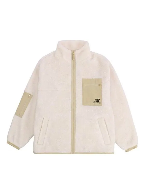 Куртка splicing retro stand collar knit lamb's wool short beige jacket New Balance
