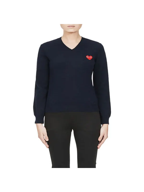 Свитер v-neck l/s t-shirt red emblem 'navy' Comme Des Garcons Play — изображение 2 из 4, темно-синий
