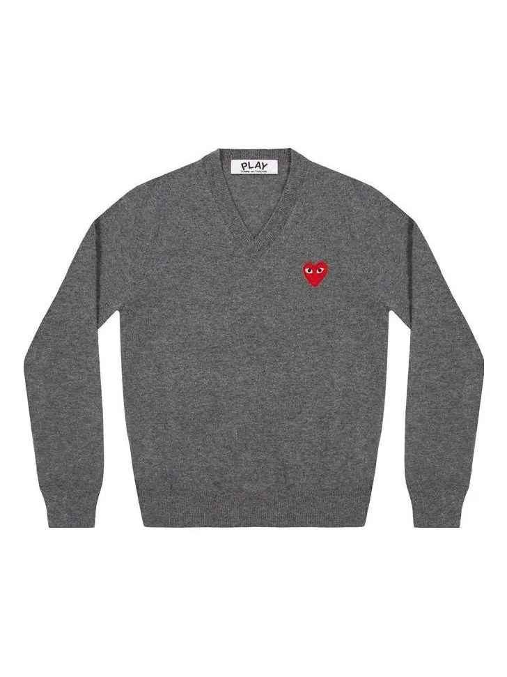 Свитер COMME des GARCONS PLAY V-Neck L/S T-shirt Red Emblem 'Grey' — изображение 1 из 2, серый