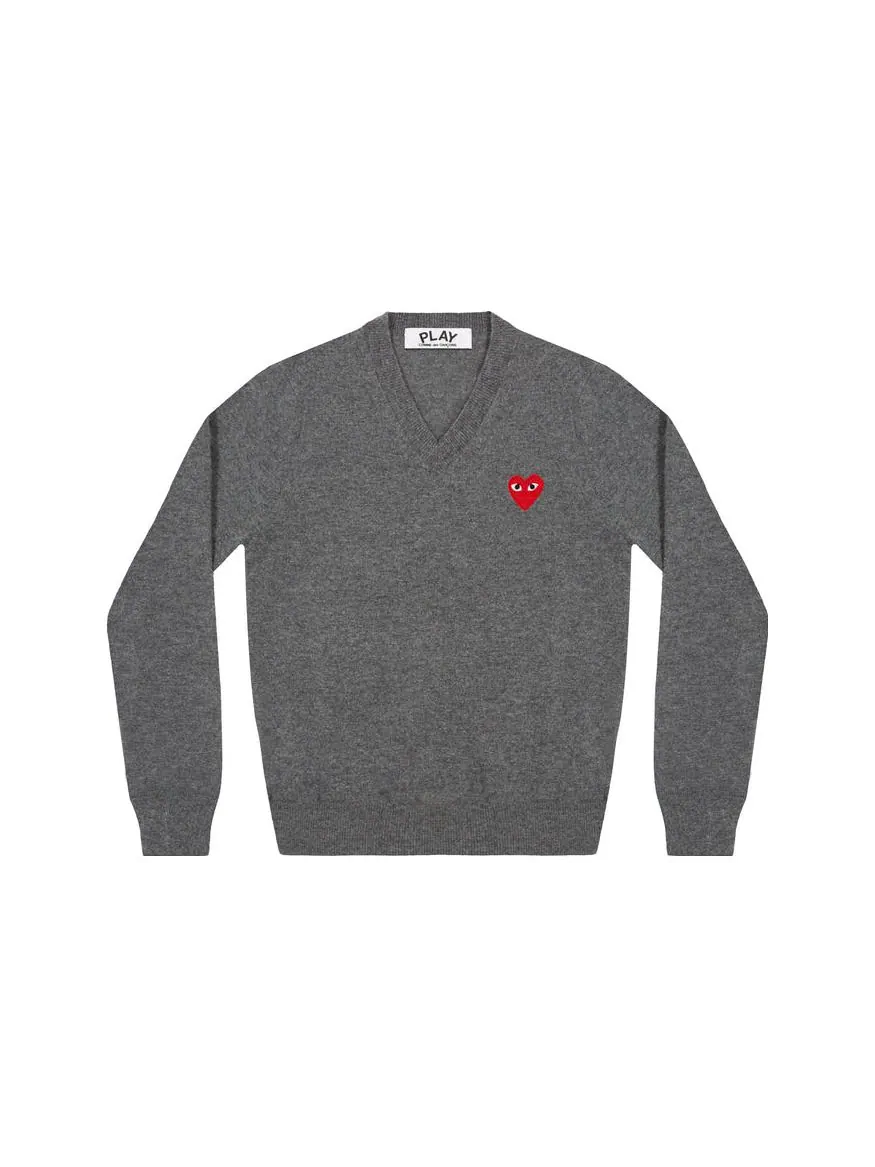 Свитер COMME des GARCONS PLAY V-Neck L/S T-shirt Red Emblem 'Grey' — изображение 2 из 2, серый