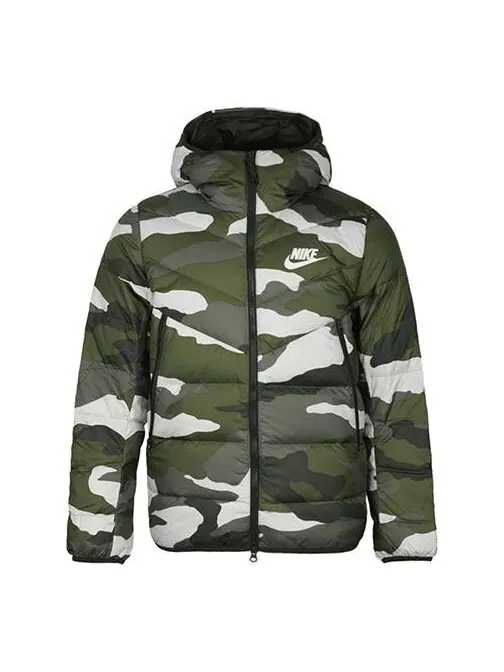 Пуховик Nike Sportswear Down Windrunner Printing hooded down Jacket Camouflage Green — изображение 1 из 4, зеленый