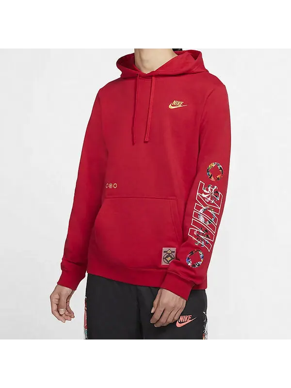 Толстовка Nike Sportswear Club Printing Long Sleeves Pullover Drawstring Red — изображение 3 из 4, красный