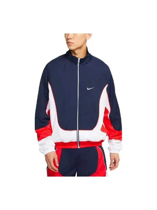 Куртка throwback colorblock woven sports basketball stand collar jacket navy blue dark blue Nike — изображение 1 из 3, синий