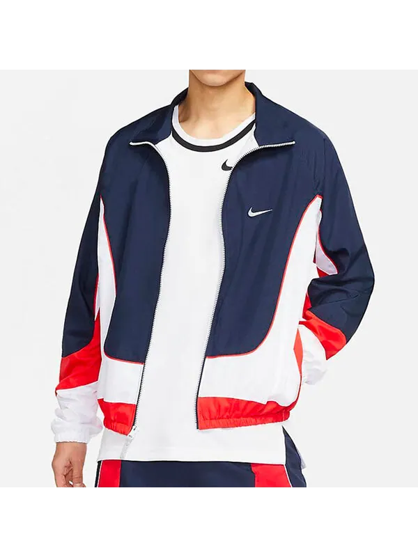 Куртка throwback colorblock woven sports basketball stand collar jacket navy blue dark blue Nike — изображение 3 из 3, синий