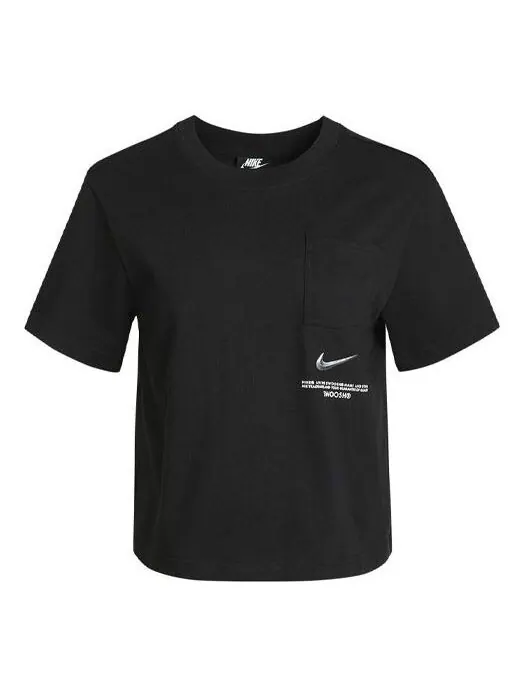 Футболка (WMNS) Nike Sportswear Swoosh Short Printed Round Neck Pullover T-Shirt Black — изображение 1 из 4, черный