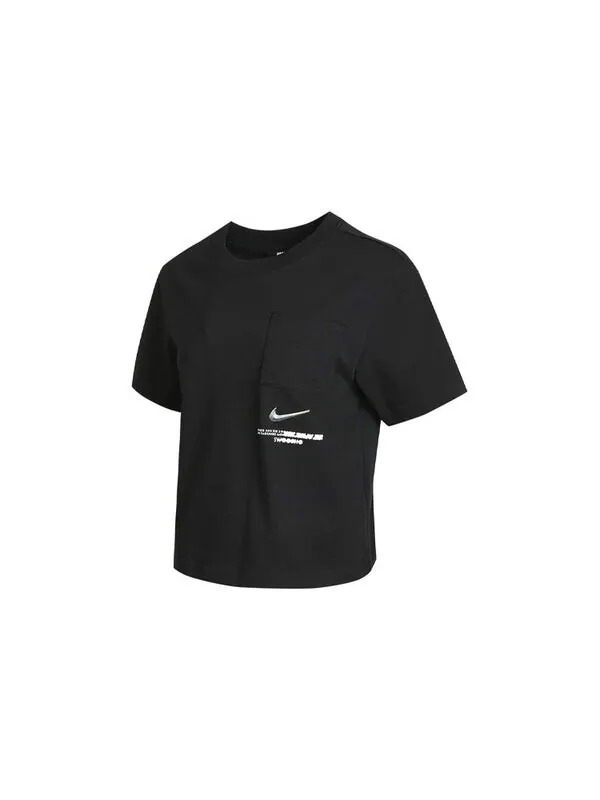 Футболка (WMNS) Nike Sportswear Swoosh Short Printed Round Neck Pullover T-Shirt Black — изображение 3 из 4, черный