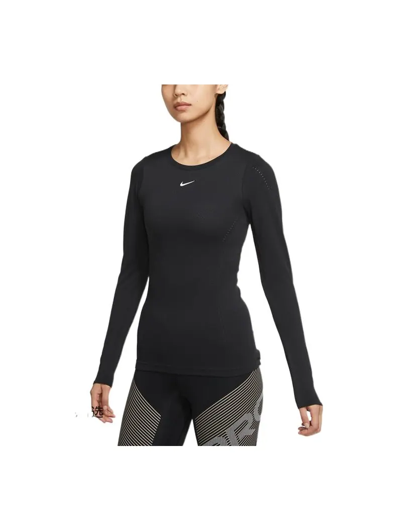 (WMNS) Спортивная одежда Nike: круглый вырез, облегающий крой, длинные рукава — изображение 1 из 2, черный