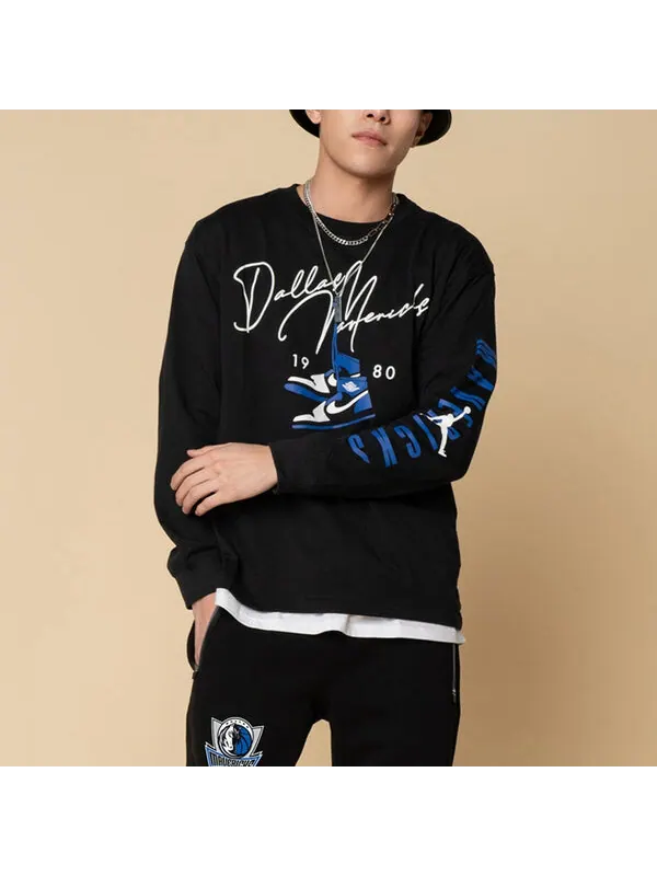 Футболка men's casual round neck pullover printing long sleeves black t-shirt Nike — изображение 3 из 4, черный