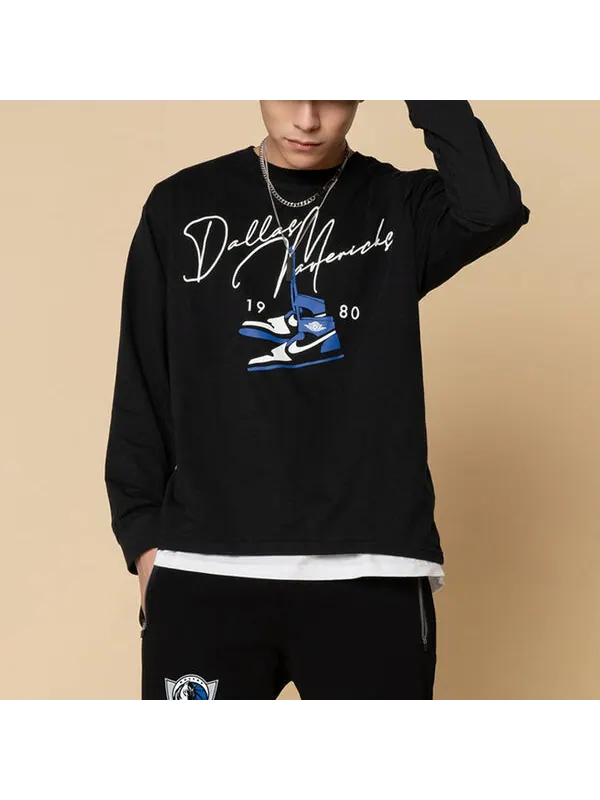 Футболка men's casual round neck pullover printing long sleeves black t-shirt Nike — изображение 4 из 4, черный