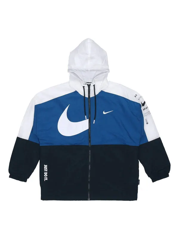 Куртка Nike Sportswear Swoosh Contrast Color Stitching Sports hooded Woven Jacket Blue — изображение 1 из 4, синий