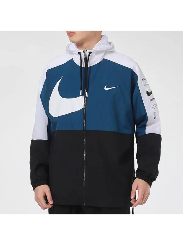 Куртка Nike Sportswear Swoosh Contrast Color Stitching Sports hooded Woven Jacket Blue — изображение 3 из 4, синий