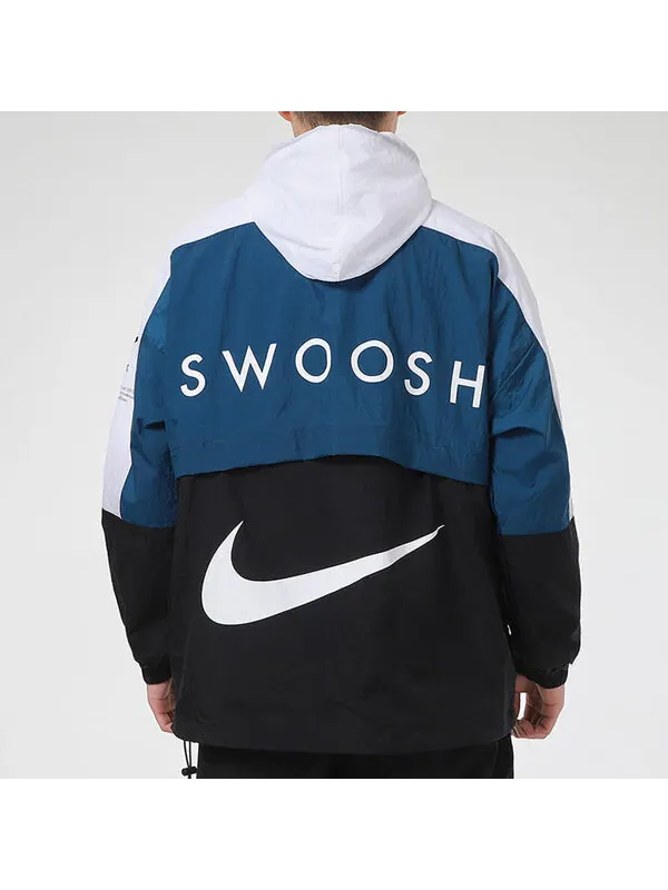 Куртка Nike Sportswear Swoosh Contrast Color Stitching Sports hooded Woven Jacket Blue — изображение 4 из 4, синий