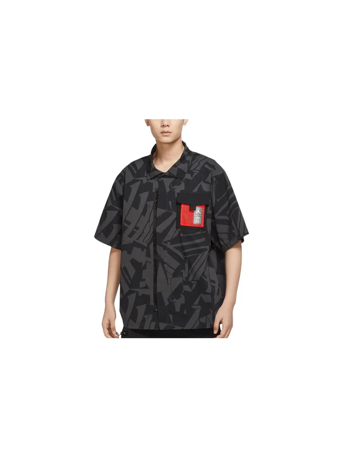 Рубашка Men's Air Jordan Logo Full Print Chest Zipper Cardigan Short Sleeve Black Shirt — изображение 3 из 6, черный