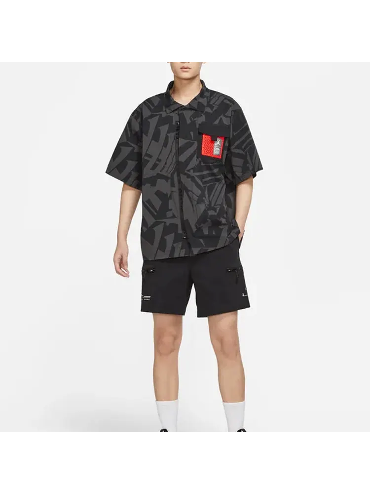 Рубашка Men's Air Jordan Logo Full Print Chest Zipper Cardigan Short Sleeve Black Shirt — изображение 6 из 6, черный