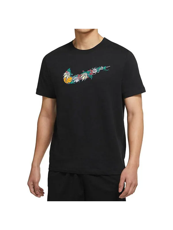 Футболка Men's Nike Flowers Large Logo Casual Sports Solid Color Round Neck Short Sleeve Black — изображение 3 из 4, мульти