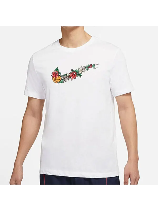 Футболка Men's Nike Flowers Large Logo Casual Sports Solid Color Round Neck Short Sleeve White — изображение 3 из 4, мульти