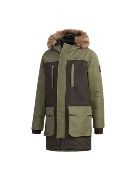 Пуховик adidas neo M STRT Down PRK Sports hooded Stay Warm Down Jacket Khaki Brown — изображение 1 из 4, коричневый