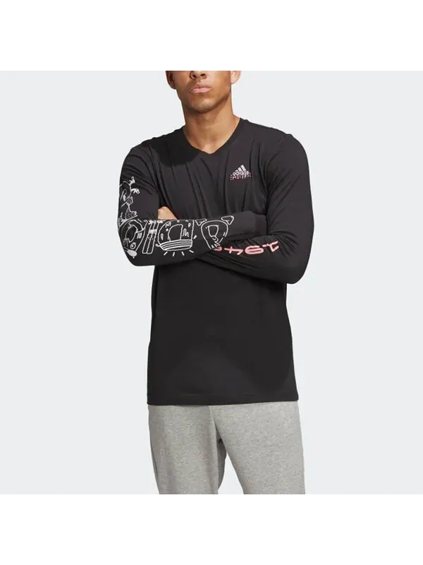Футболка graffiti printing sports round neck long sleeves black Adidas — изображение 3 из 4, черный