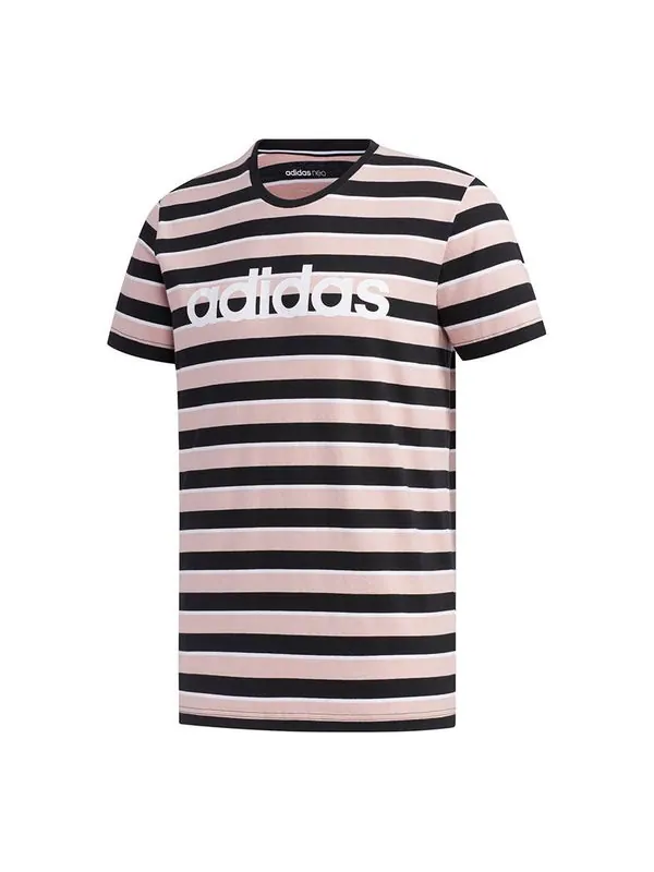 Футболка men's neo esntl lg s t3 logo printing stripe sports short sleeve pink t-shirt Adidas — изображение 1 из 4, розовый