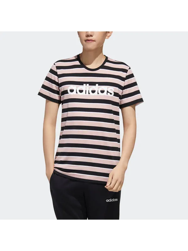 Футболка men's neo esntl lg s t3 logo printing stripe sports short sleeve pink t-shirt Adidas — изображение 3 из 4, розовый