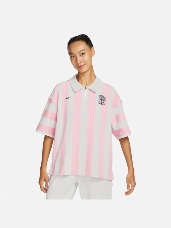 Футболка (WMNS) Nike SportWear Turn-down Collar Short-Sleeve T-Shirt 'Pink White' — изображение 4 из 4, розовый/белый