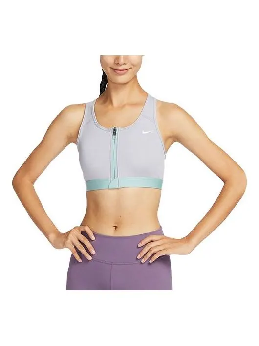 (WMNS) Спортивный бюстгальтер Nike Swoosh средней поддержки с мягкой подкладкой и застежкой-молнией спереди, сине-серый
