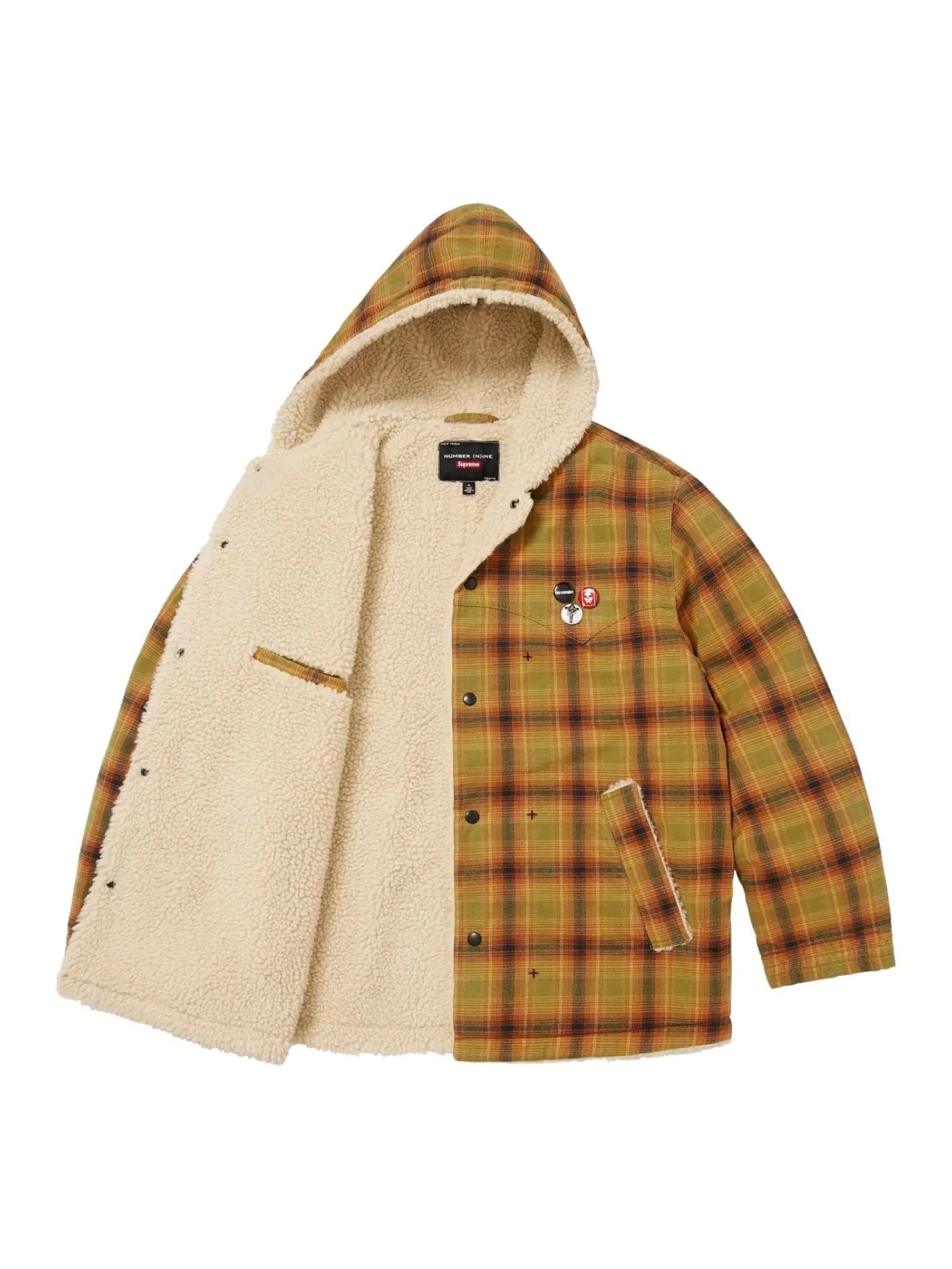 Пальто Supreme FW25 x Number (N)ine с капюшоном из искусственной овчины, клетчатое — изображение 2 из 3, клетчатый