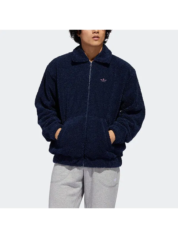 Куртка adidas originals Embroidered Logo lapel lamb's wool Sports Jacket Navy Blue — изображение 3 из 4, синий