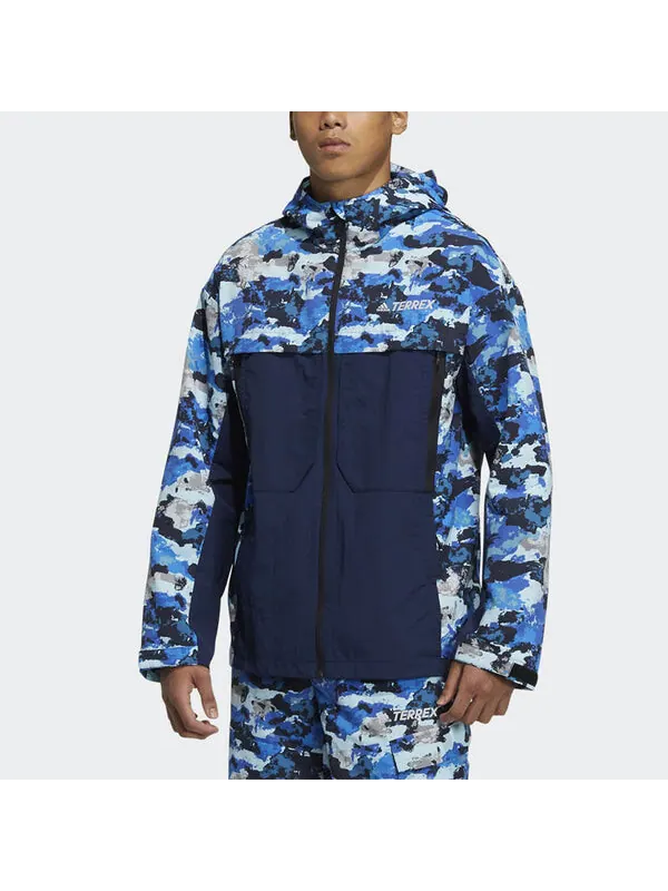 Куртка adidas Terrex Festiv Aop Wb Outdoor Sports Camouflage Splicing Hooded Jacket Blue — изображение 2 из 4, синий