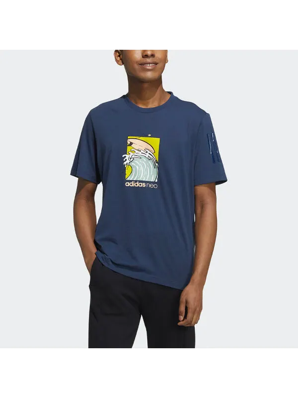 Футболка Men's adidas neo Pattern Cartoon Printing Sports Round Neck Short Sleeve Navy Blue T-Shirt — изображение 2 из 4