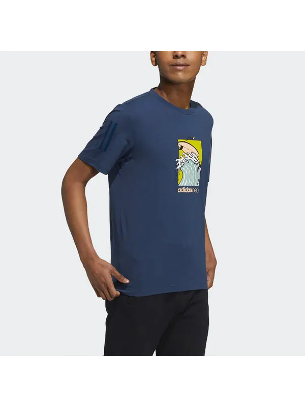 Футболка Men's adidas neo Pattern Cartoon Printing Sports Round Neck Short Sleeve Navy Blue T-Shirt — изображение 4 из 4
