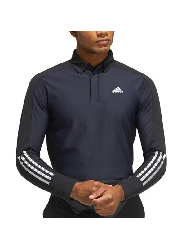 Футболка adidas Solid Color Logo Stripe Fleece Lined Golf Sports Long Sleeves Polo Shirt Black — изображение 2 из 4, мульти