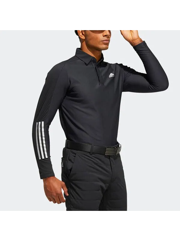 Футболка adidas Solid Color Logo Stripe Fleece Lined Golf Sports Long Sleeves Polo Shirt Black — изображение 4 из 4, мульти