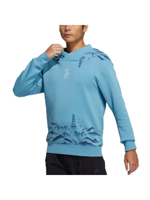 Толстовка Men's adidas Wj Story Swt Martial Arts Series Ink Printing V Sports Pullover Blue — изображение 3 из 4, синий