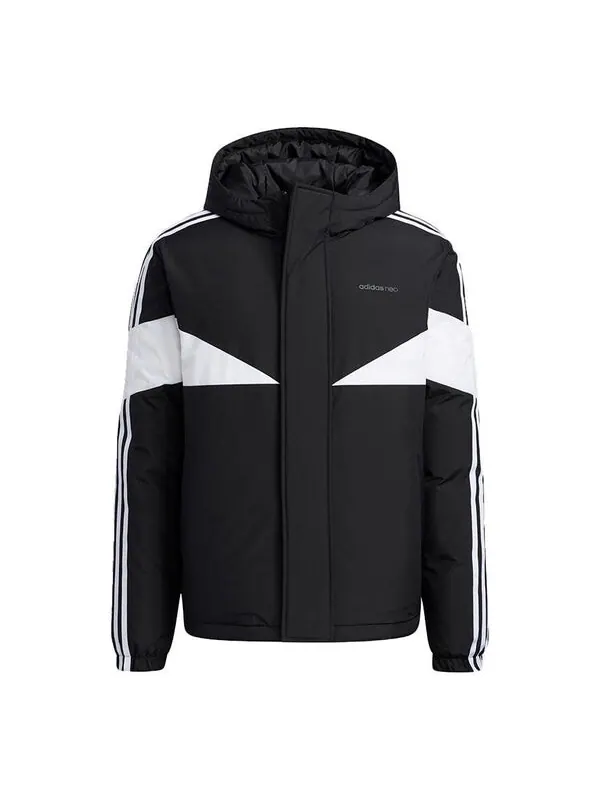 Пуховик adidas neo M Cb Down Puff Colorblock Stripe Sports hooded With Down Feather Jacket Black — изображение 1 из 4, черный