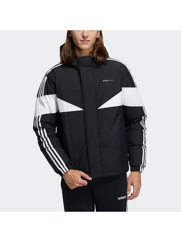 Пуховик adidas neo M Cb Down Puff Colorblock Stripe Sports hooded With Down Feather Jacket Black — изображение 2 из 4, черный