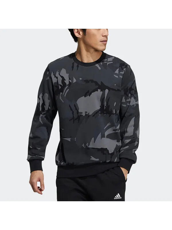 Толстовка Men's adidas Fi Aop Camo Swt Camouflage Sports Round Neck Pullover Dark Grey — изображение 2 из 4, темный серый