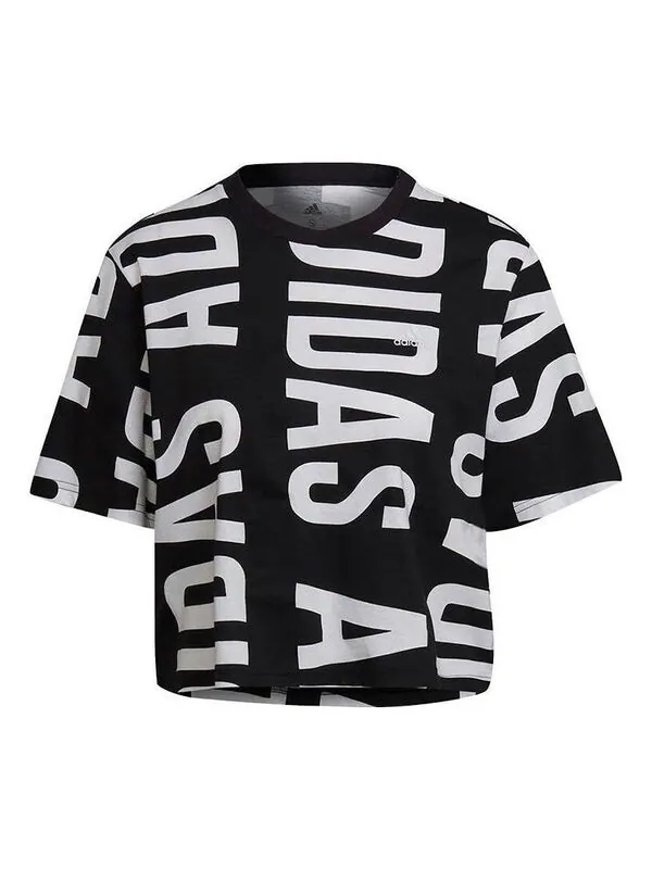 Футболка (WMNS) Adidas Essentials Oversized Allover Print Cropped T-Shirt 'Black White' — изображение 1 из 4, черный/белый