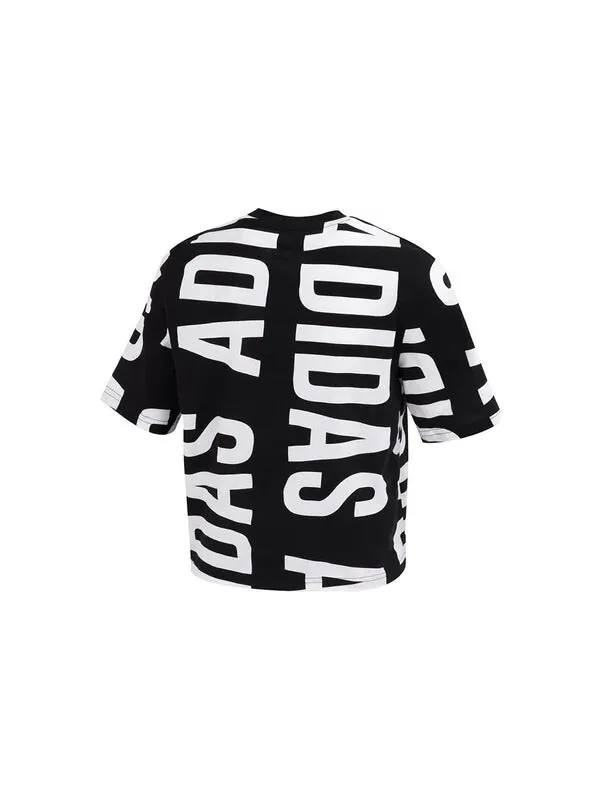 Футболка (WMNS) Adidas Essentials Oversized Allover Print Cropped T-Shirt 'Black White' — изображение 2 из 4, черный/белый