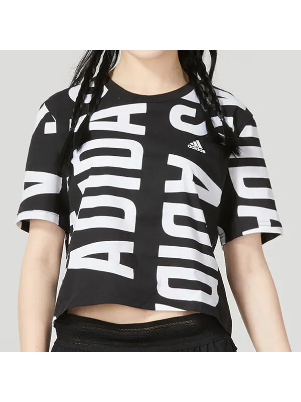 Футболка (WMNS) Adidas Essentials Oversized Allover Print Cropped T-Shirt 'Black White' — изображение 3 из 4, черный/белый