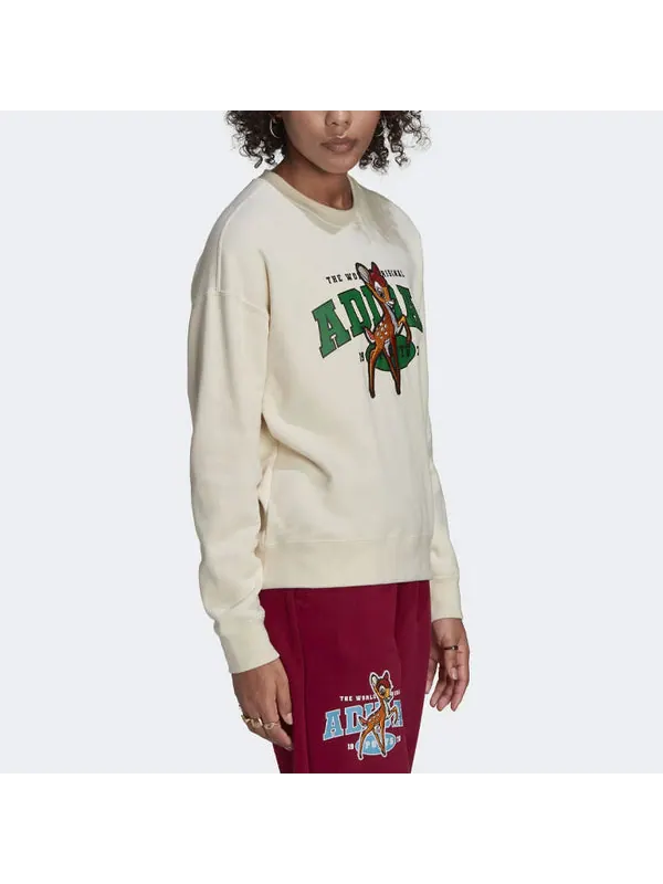 Толстовка (WMNS) Adidas Originals x Disney Bambi Pullover Sweatshirt 'Creamy White' — изображение 2 из 4, кремовый/зеленый