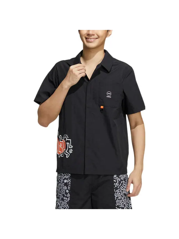 Рубашка adidas x Keith Haring Crossover Cartoon Pattern Printing Short Sleeve Shirt Unisex Black — изображение 2 из 4, мульти