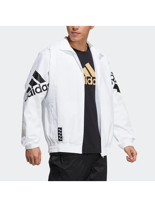 Куртка contrasting colors large logo zipper cardigan stand collar long sleeves jacket white Adidas — изображение 4 из 4
